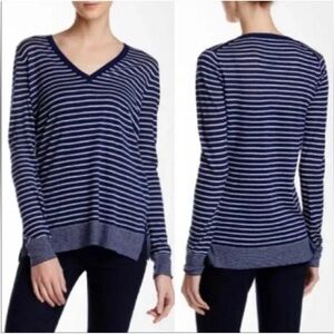 VINCE Womens Blue White Striped Wool Cashmere V-Neck Sweater Sz Large Preppy